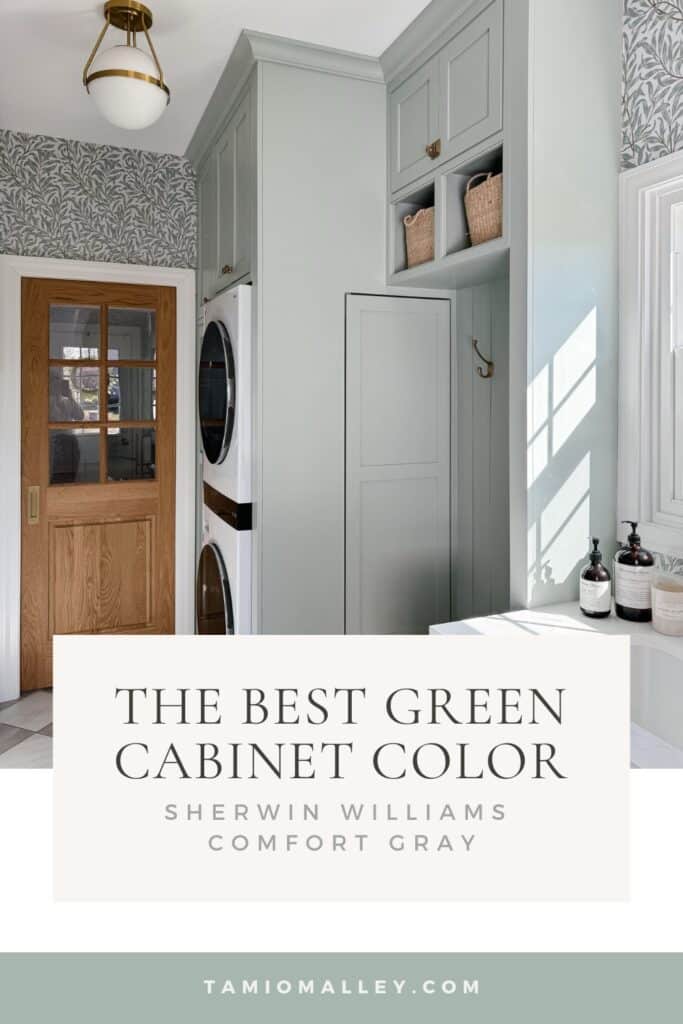 green cabinet paint, green cabinet paint, sherwin william green, sherwin williams green colors, sherwin williams green paint colors, sherwin williams comfort gray, green paint colors, best blue green paint colors sherwin williams, green cabinet color, Green laundry room with checkered floor and botanical print wallpaper, laundry room ideas with stacked washer and dryer, laundry room ideas stacked, remodeled laundry room, Checkered floor tile, checkered floor, ceramic checkered floor, inset cabinets, green cabinetry, sherwin williams comfort gray, mud laundry room ideas, small laundry mudroom, mudroom and laundry room combination